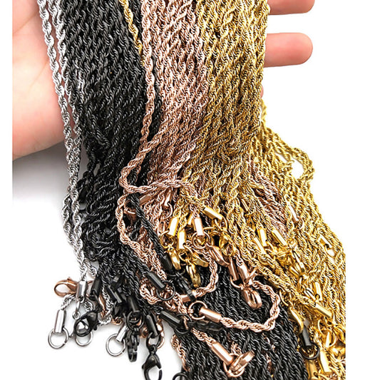 wholesale stainless steel gold silver black and silver twist twisted chain necklace or for pendant 3mm thick full lengths