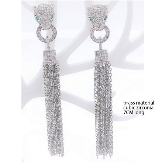 silver and gold cz zircon unique korea animal sex panther leopard head charm earring chain long metal tassel dangle drop earring jewelry boho