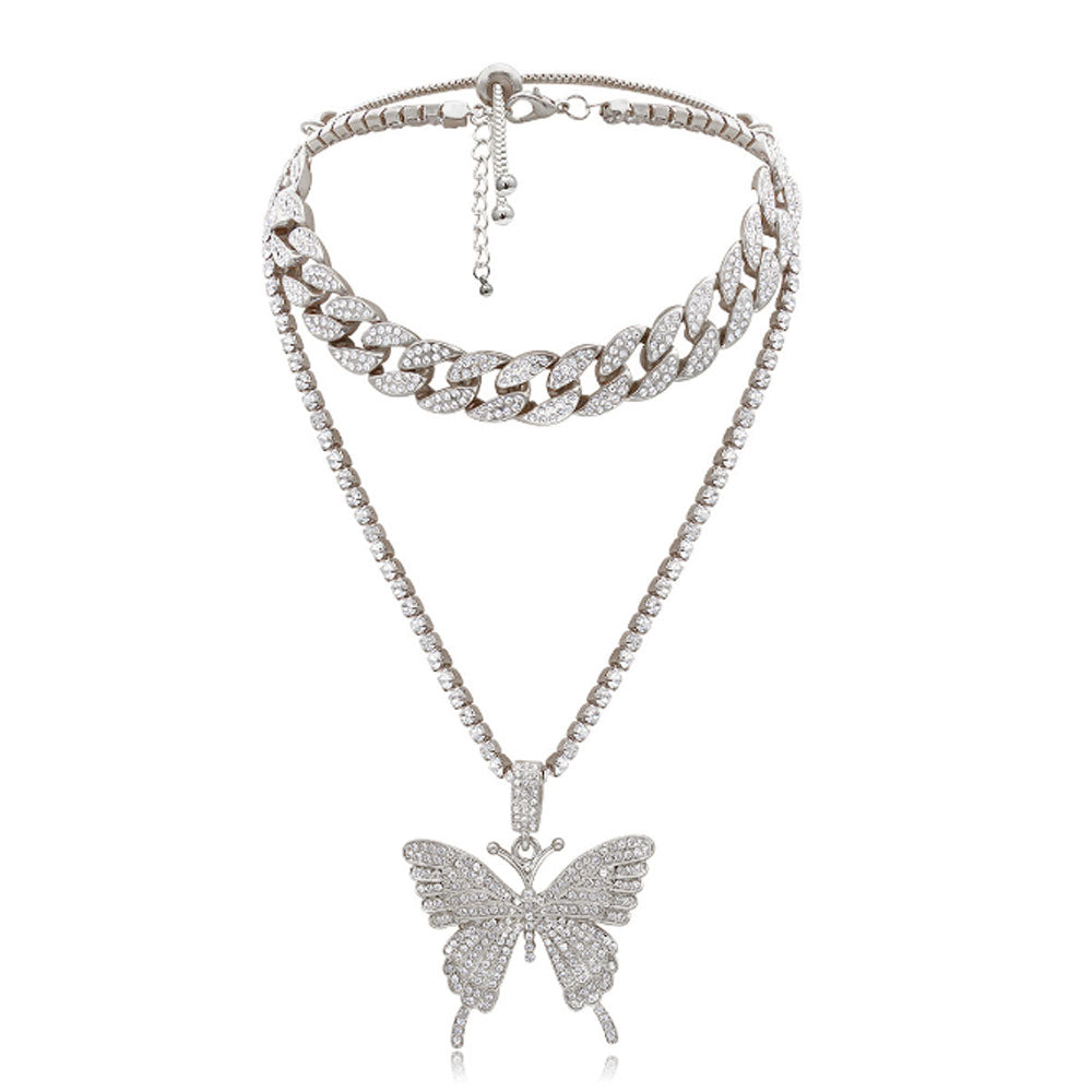 bohemian pink silver black and gold alloy cuban and tennis link butterfly zircon diamond chain pendant layered necklace women