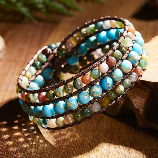 handmade natural stone beads leather cord boho beads wrap bracelets