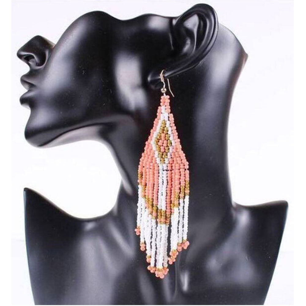 wholesale handmade beaded beads extra long tassel bangle boho seed bead drop dangle fringe earrings for women colorful
