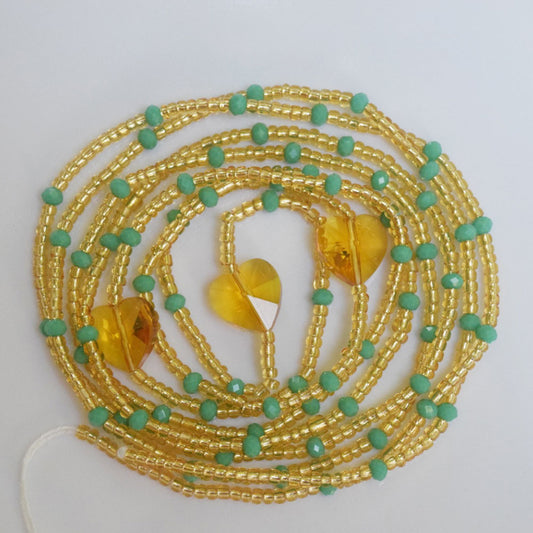 handmade green crystal bead tie on waist beads belly body chain plastic heart charm double cotton string for ladies
