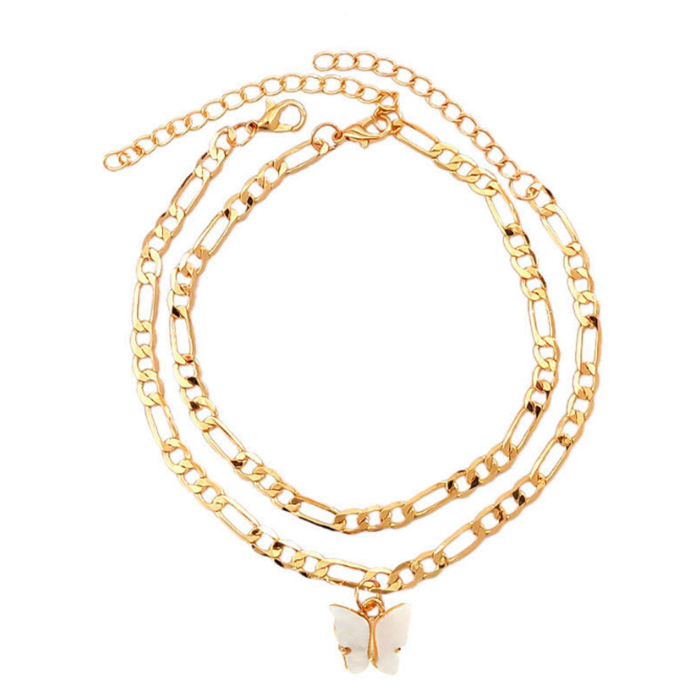 boho double layered gold cuban link chain butterfly charm pendant cuban link figaro anklet jewelry