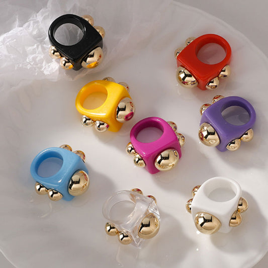 fashion new design resin rings acrylic cute trendy finger rings with ball beads welding finger rings colorful