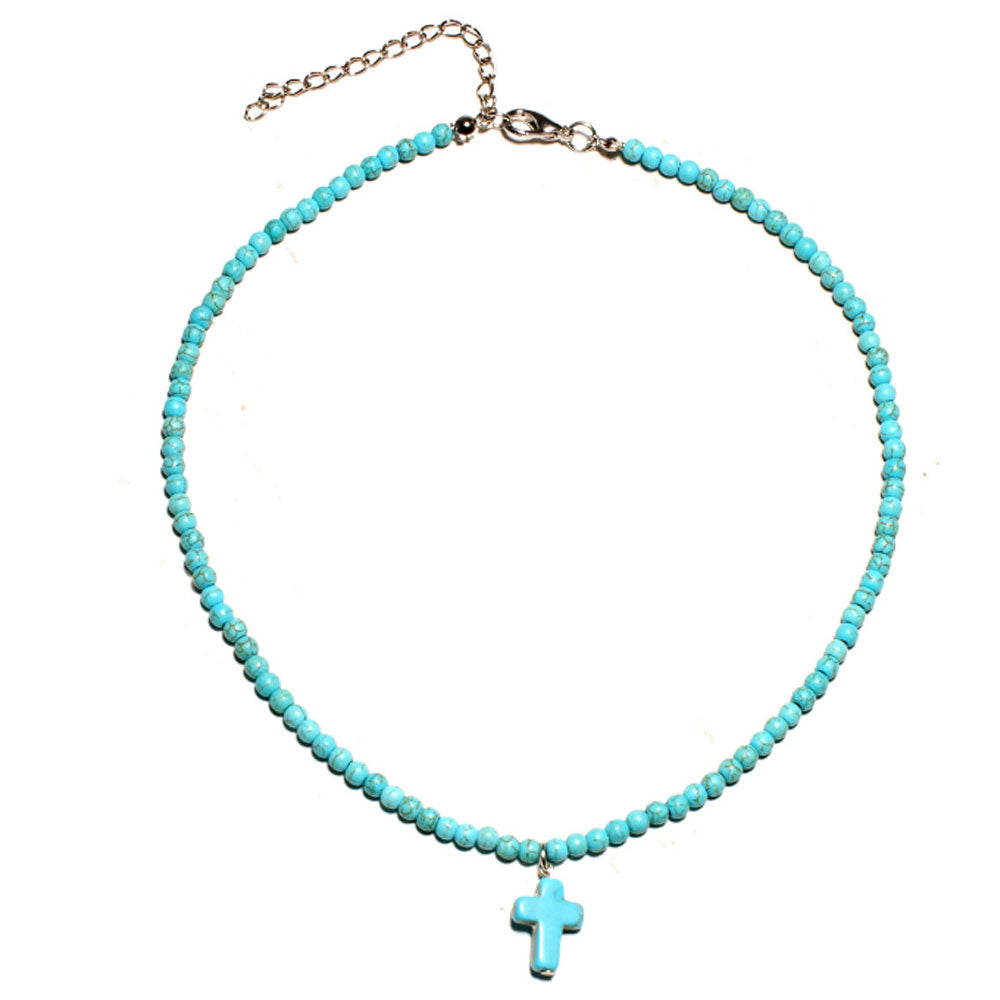 handmade blue turquoise and white howlite 4mm stone seed beads choker necklace with cross pendant