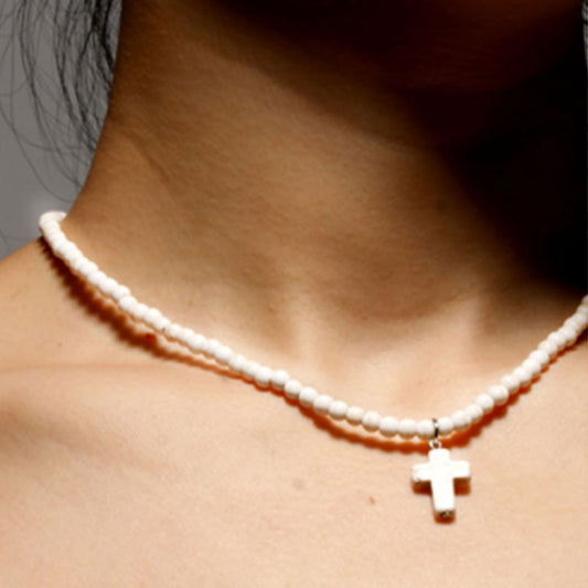 handmade blue turquoise and white howlite 4mm stone seed beads choker necklace with cross pendant