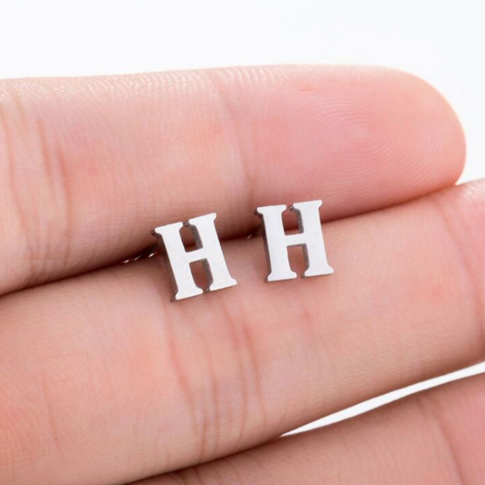 Gold Color fashion safety pin surgery stainless steel tiny initial alphabet letter stud earrings jewelry for women