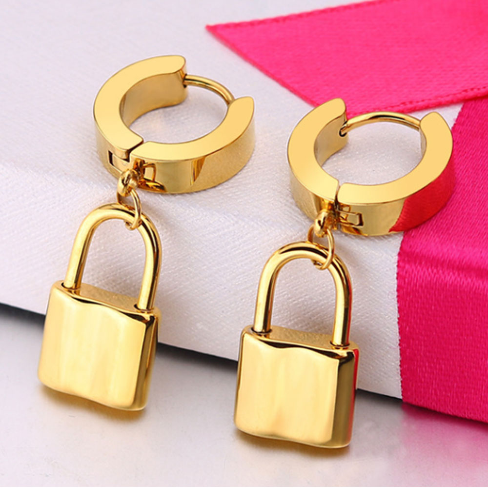 wholesale trendy safety pin fashion lock surgical statement stainless steel dangle drop earrings jewelry for women