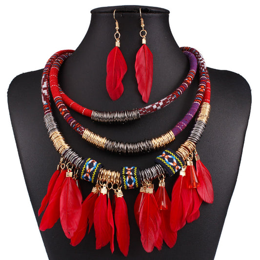Wholesale Bold Bohemian layered collier femme African native American tribal women lucky real Feather necklace woven jewelry sets