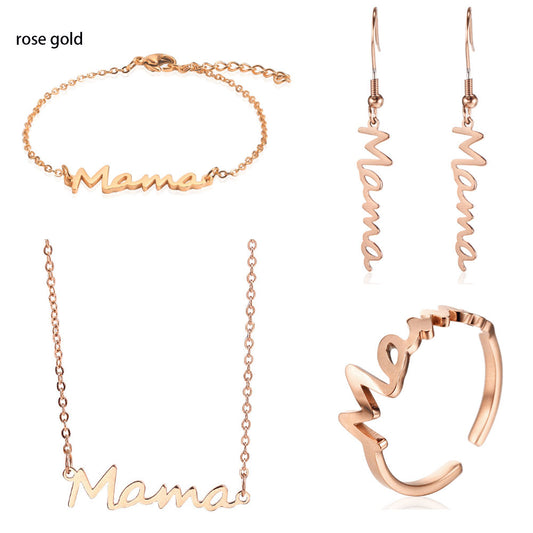 High quality high polish vacuum plating fashion Titanium stainless steel mama necklace bracelet earring ring gift jewelry set