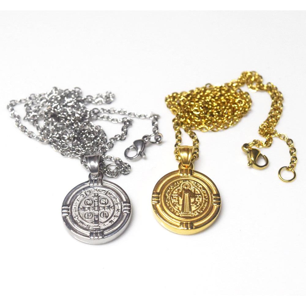 fashion trendy men's stainless steel silver and gold with st benedict medal pendant necklace jewelry