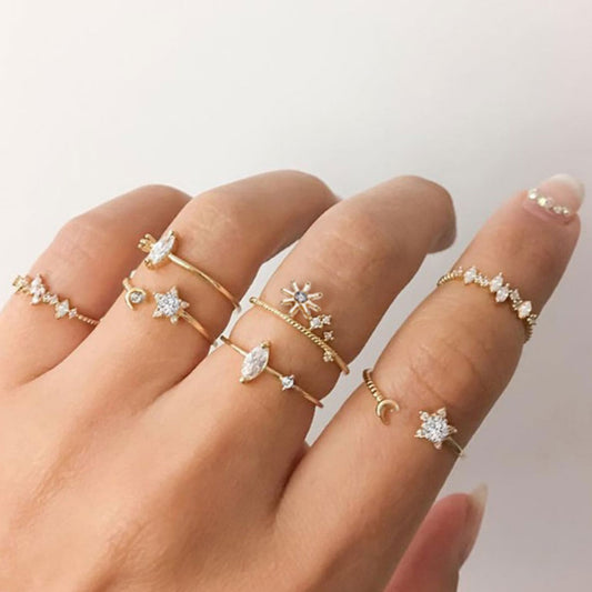 korean fashion adjustable alloy gold plated finger rings jewelry women sets for all fingers