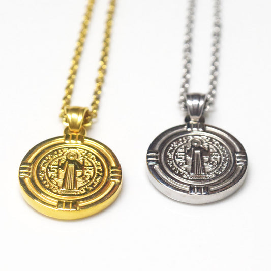 fashion trendy men's stainless steel silver and gold with st benedict medal pendant necklace jewelry