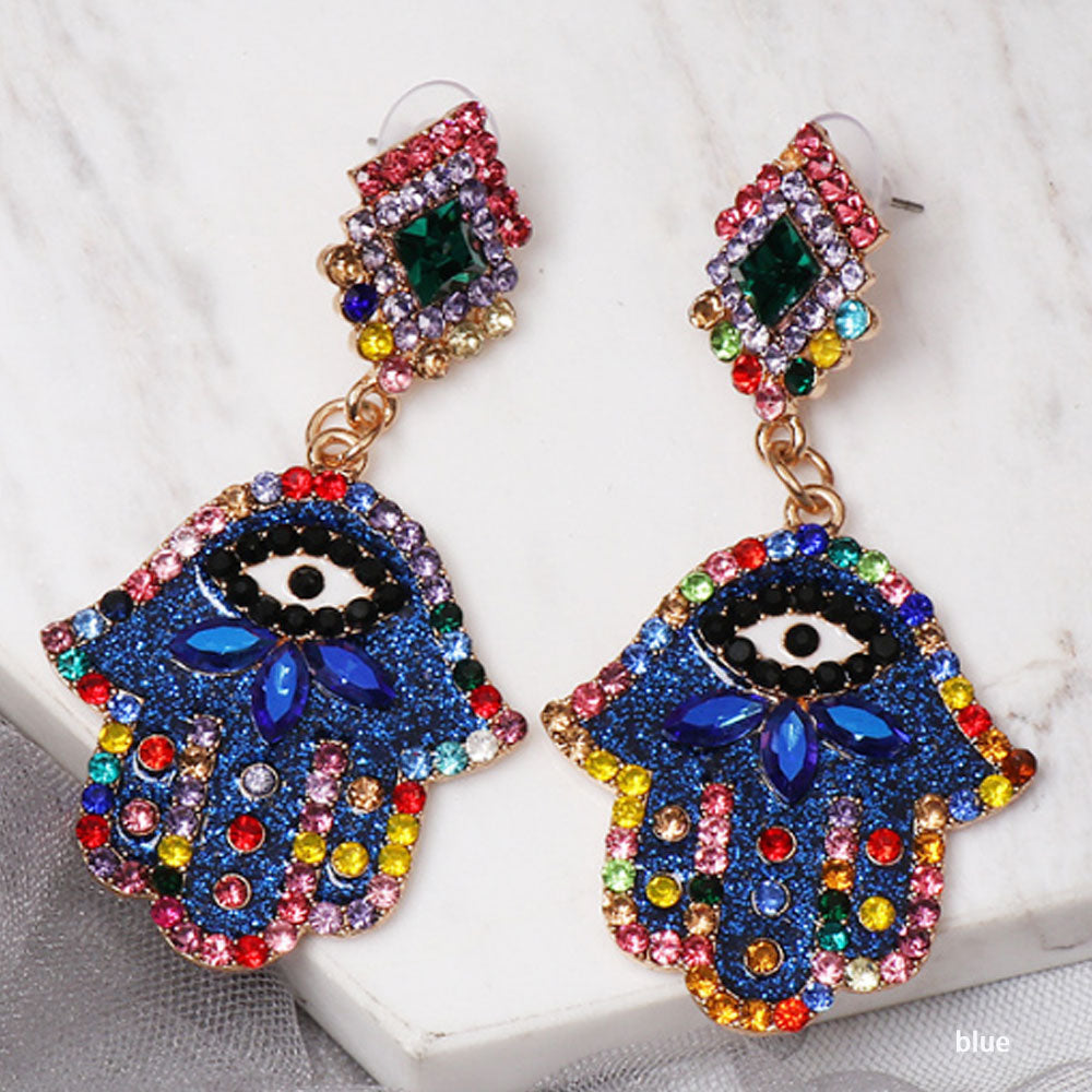 fashion fancy dazzling women shinning rhinestone beads hand made earrings jewelry women hamsa hand d-evil eye earring