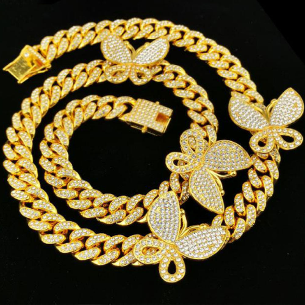 12mm cz cubic zirconia beads micro paving iced out hip-hop brass cz butterfly cuban link chain necklace jewelry
