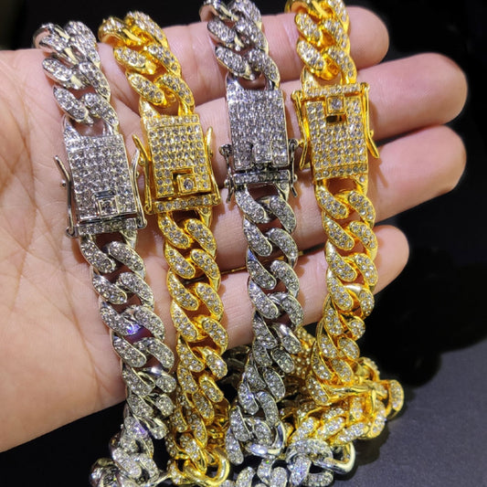 12mm brass alloy rhinestone beads micro paving iced out cuban link chain necklace for men women jewelry