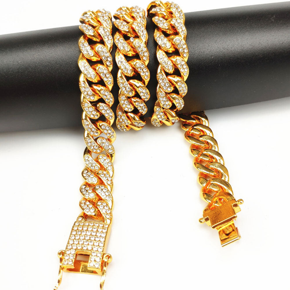 12mm brass alloy rhinestone beads micro paving iced out cuban link chain necklace for men women jewelry