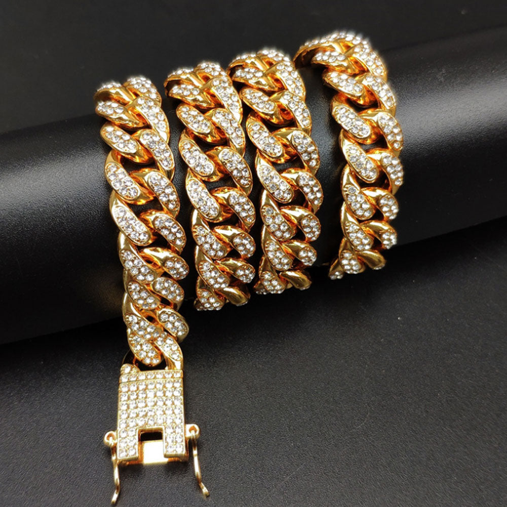 12mm brass alloy rhinestone beads micro paving iced out cuban link chain necklace for men women jewelry