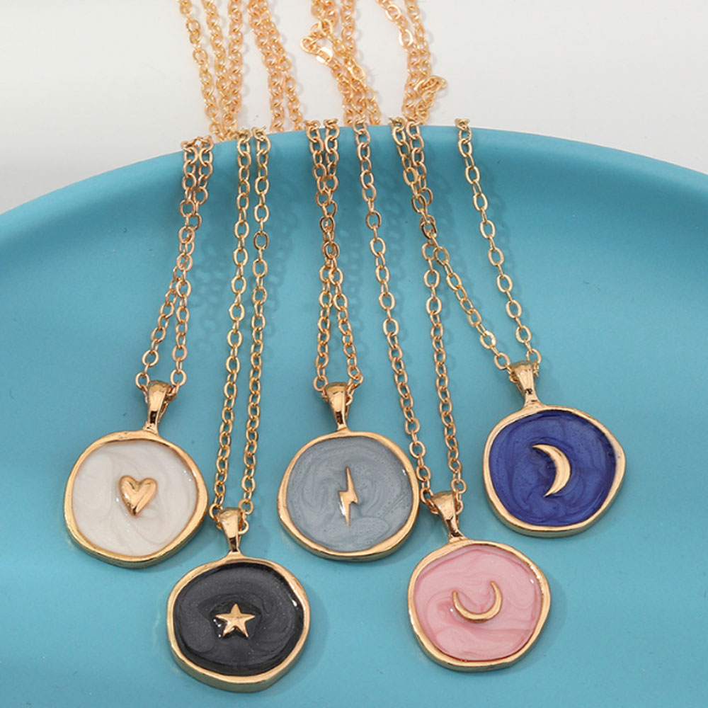 Alloy moon star five pointed star lightning modern enamel medal coin necklace