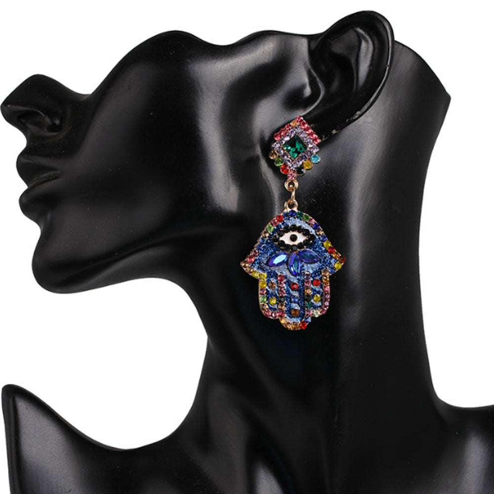fashion fancy dazzling women shinning rhinestone beads hand made earrings jewelry women hamsa hand d-evil eye earring