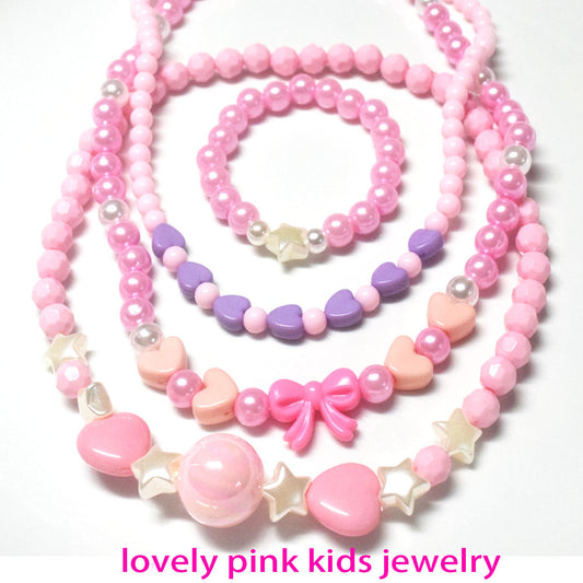 pink acrylic beads beaded little toddler girls' kids children butterfly bowknot necklace and bracelet set accessories jewelry