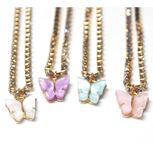 White Purple Blue Pink Butterfly Crystal Rhinestone Engraved Tennis Chain Charm Necklace Butterfly