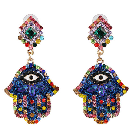 fashion fancy dazzling women shinning rhinestone beads hand made earrings jewelry women hamsa hand d-evil eye earring