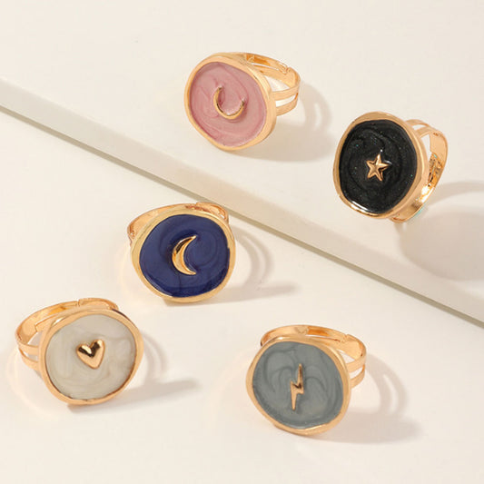 korean alloy gold plated enamel adjustable moon star lightning five pointed heart cock finger rings women jewelry