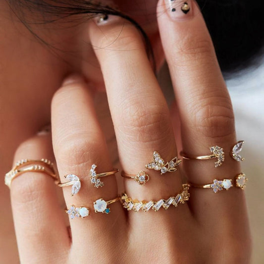 korean fashion alloy gold plated finger rings jewelry women sets for all fingers