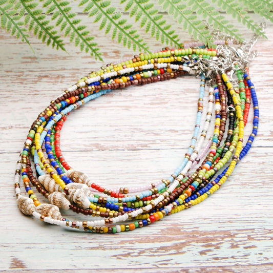 hot selling summer handmade colorful beach glass rice bead with shell bead bohemian necklace women