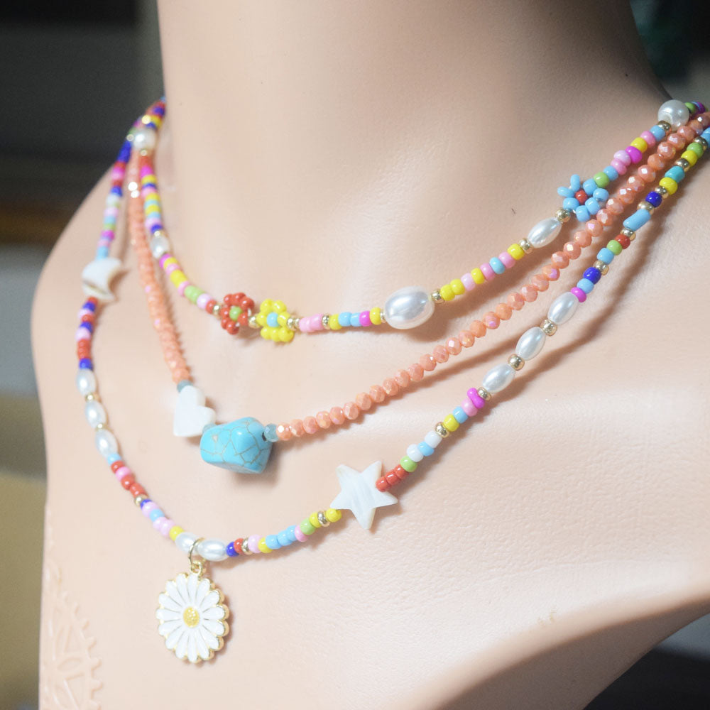 glass seed beads turquoise stone shell bead abs pearl beaded bohemian multiple layers necklace jewelry women layered necklaces