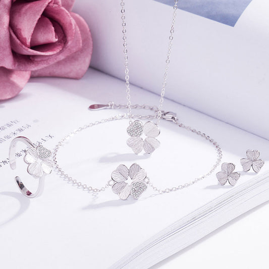 korean style mini 925 sterling silver four clover charm necklace bracelet earring and ring jewelry set
