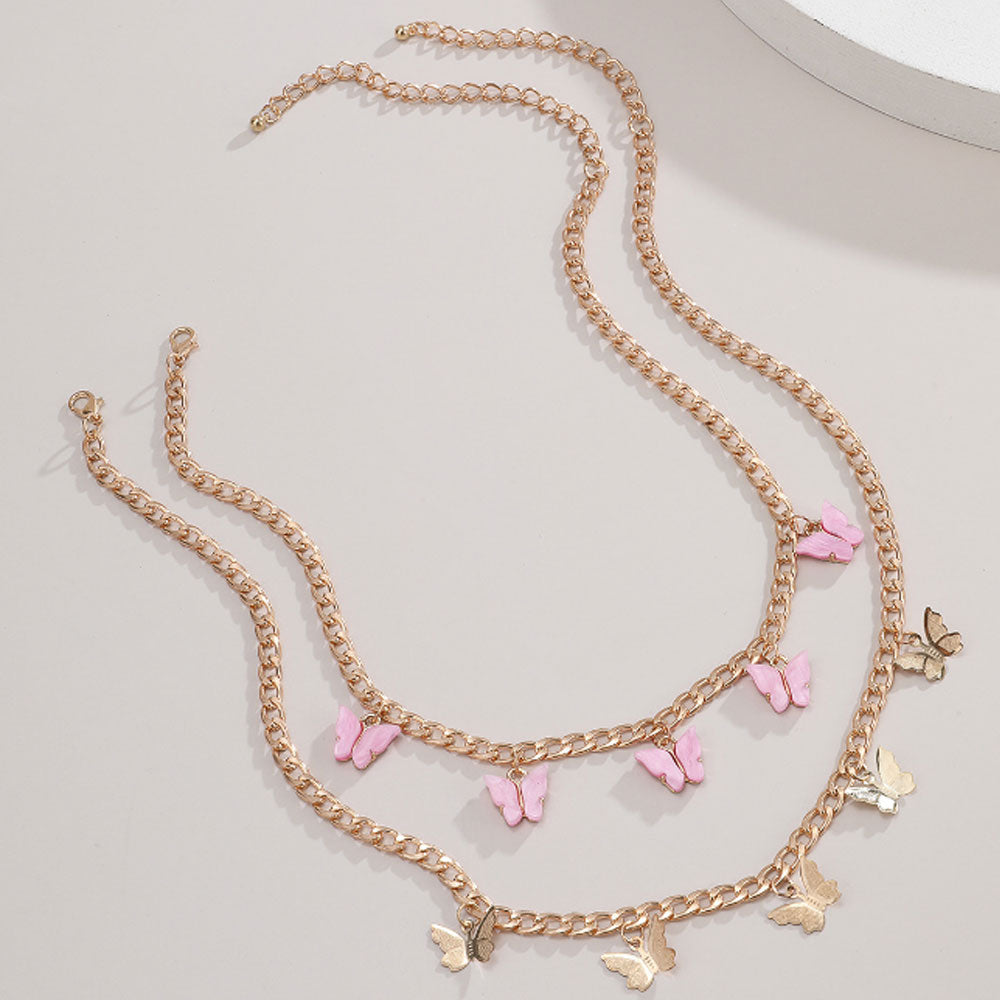 fashion double layers gold plated pink butterfly cuban link necklace jewelry women