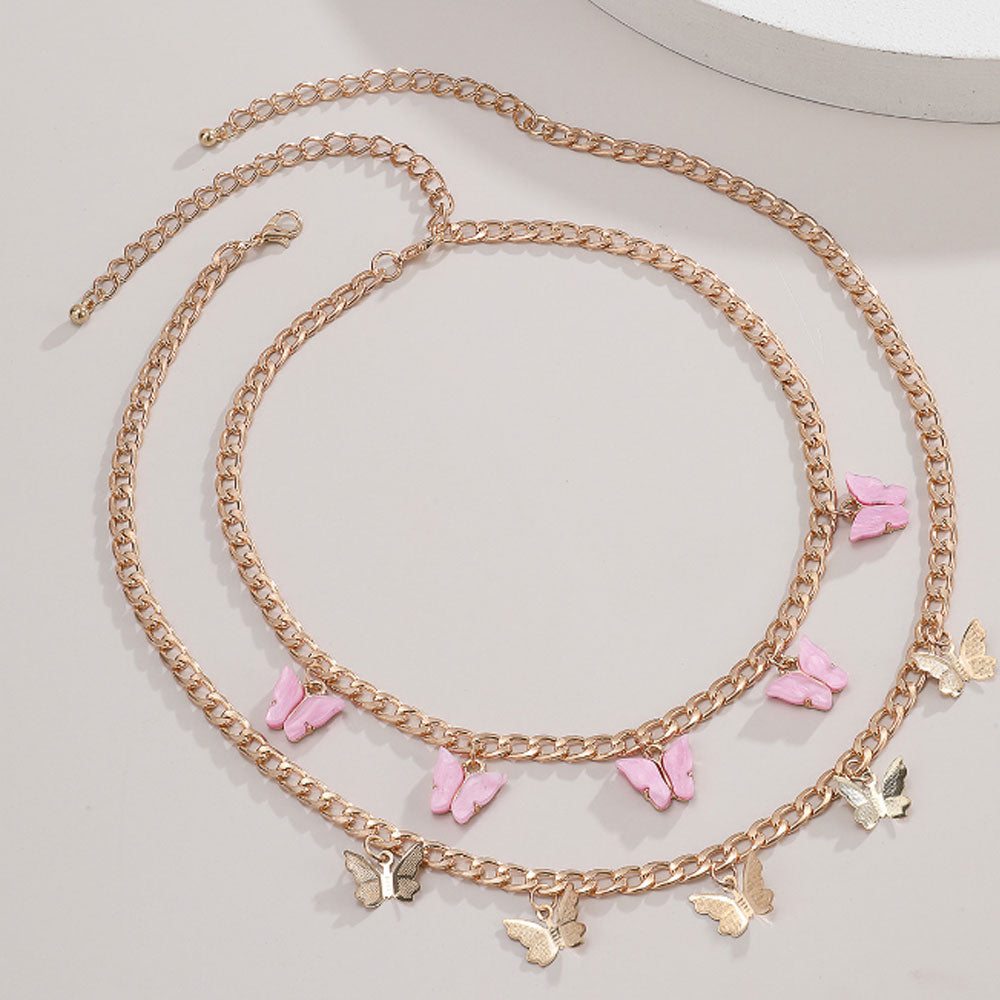fashion double layers gold plated pink butterfly cuban link necklace jewelry women