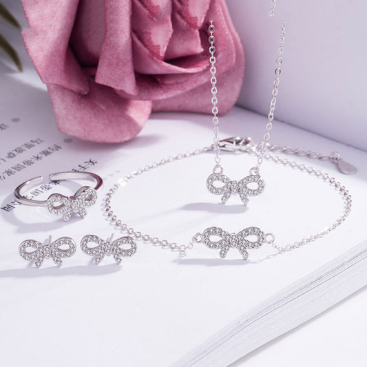 korean style mini 925 sterling silver butterfly bowknot charm necklace bracelet earring and ring jewelry set