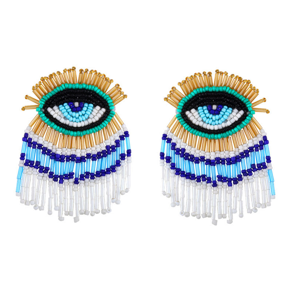 Quake Glass seed beads beaded d-evil eye charm fringe tassel earrings jewelry women boho
