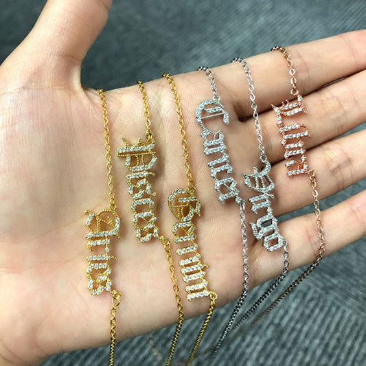 wholesale fashion alloy chain gold plated cz cubic zircon English Font horoscope zodiac sign jewelry pendant necklace vendor