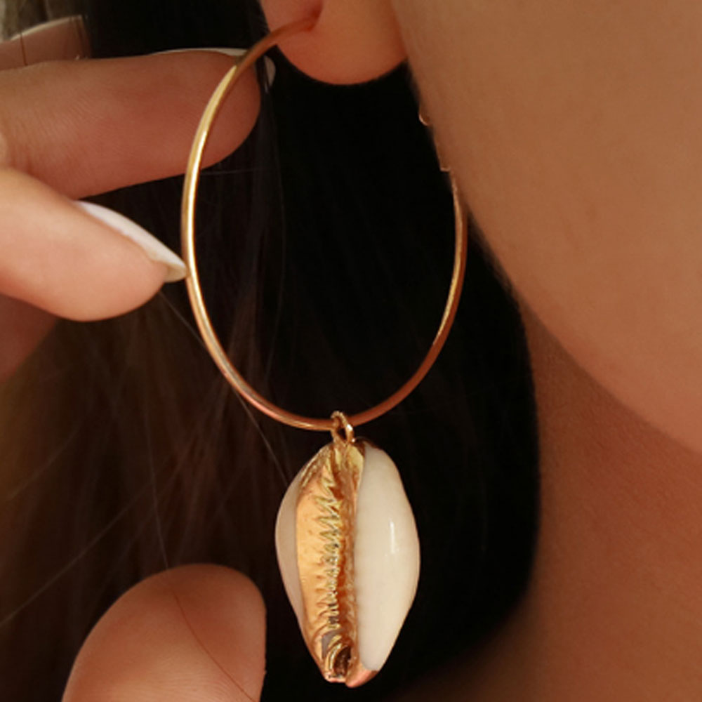summer beach real cowrie shell alloy hoop earrings