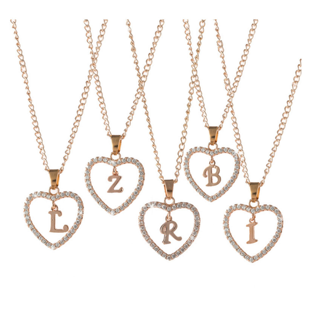 Trendy fashion Alloy classic gold rose love heart 26 alphabet necklace zircon jewelry diamond initial alphabet necklace
