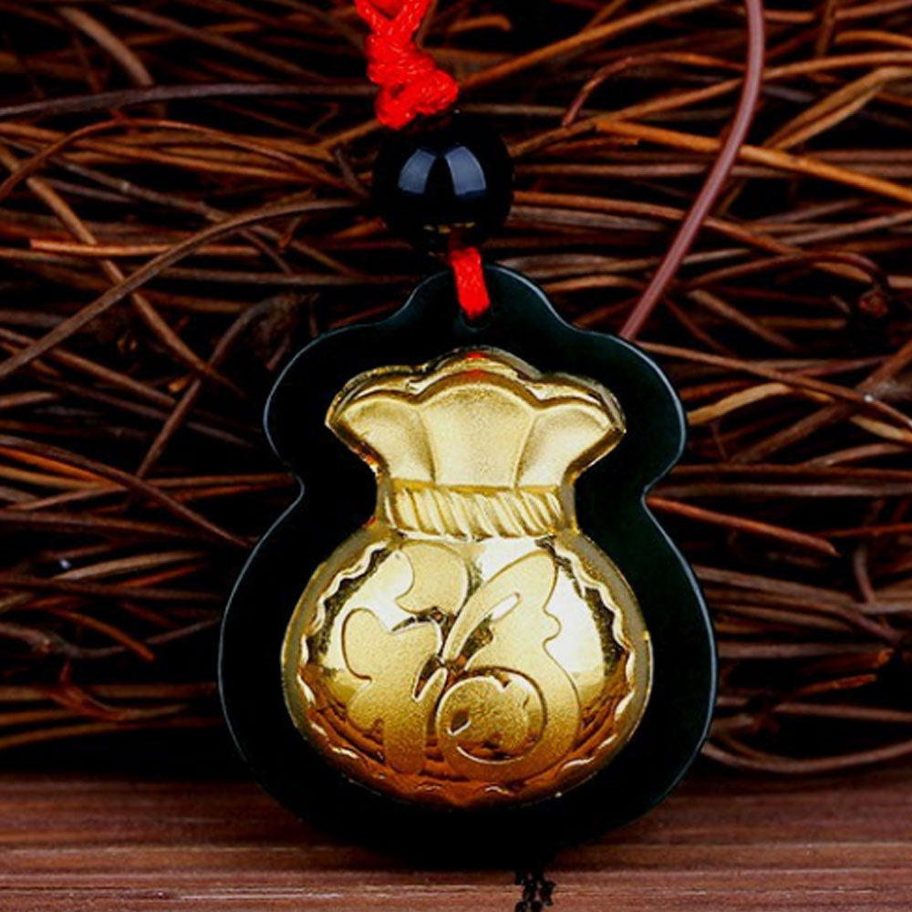 fahion 24k gold plated with blackish green hetian stone money bag gold necklace pendant jade jewelry
