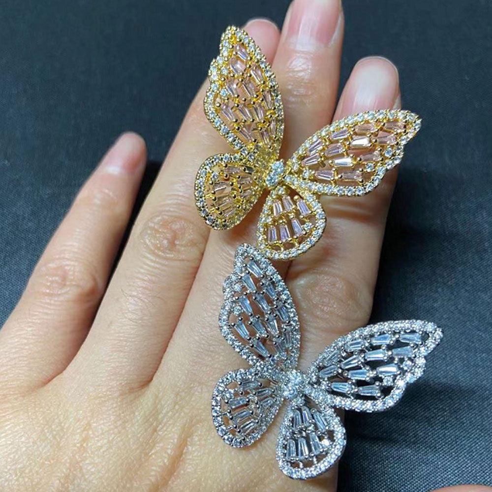 korean fashion brass 18k gold plated cubic zircon zirconia butterfly adjustable finger ring jewelry women