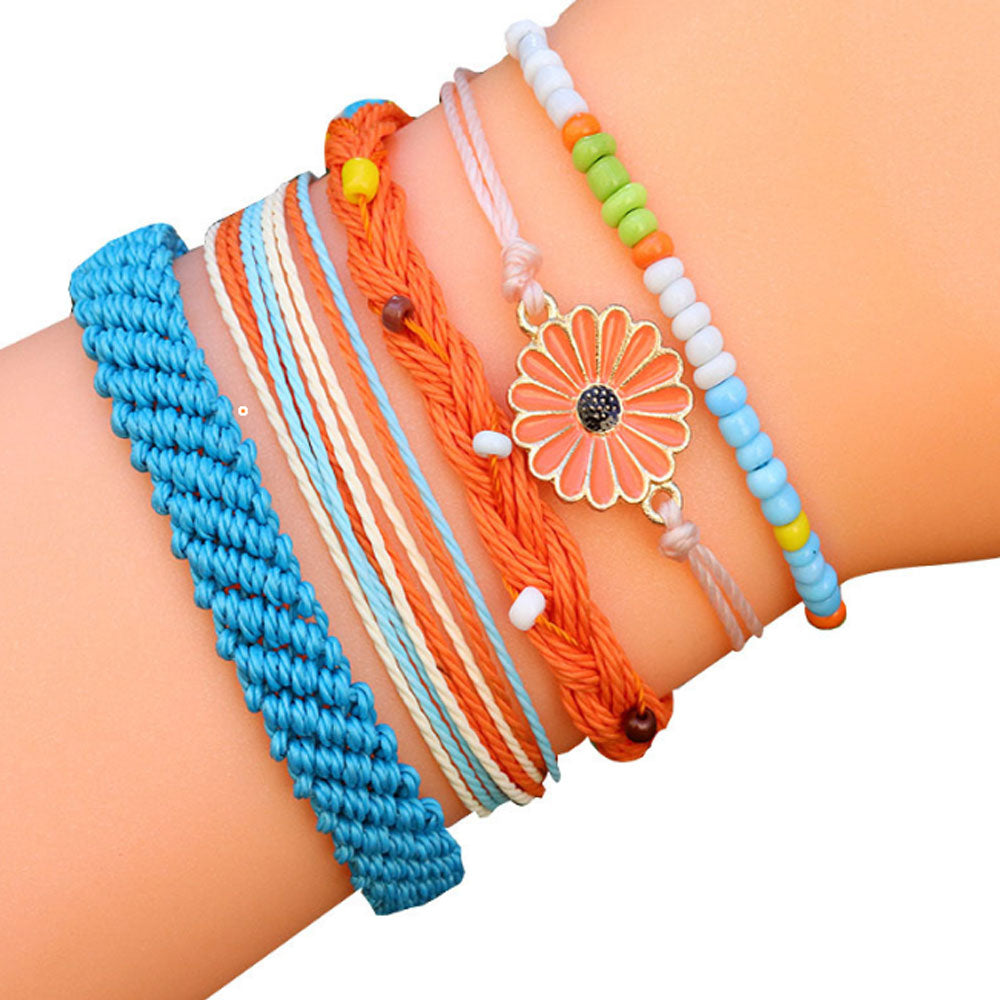 wholesale adjustable boho wax cotton cord string braid woven friendship bracelet beach flower charm bracelets kit jewelry for women