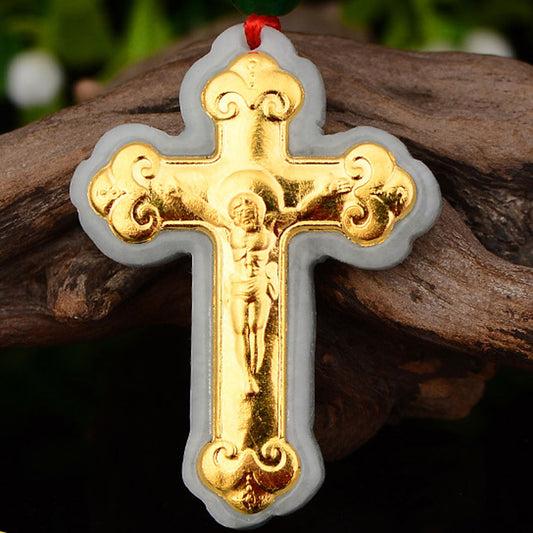A grade Chinese jade stone fine gold cat four leaf clover leaf cross jesus Pendant Necklace Jewelry for Women Wholesale