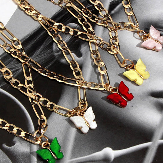boho double layered gold cuban link chain butterfly charm pendant cuban link figaro anklet jewelry