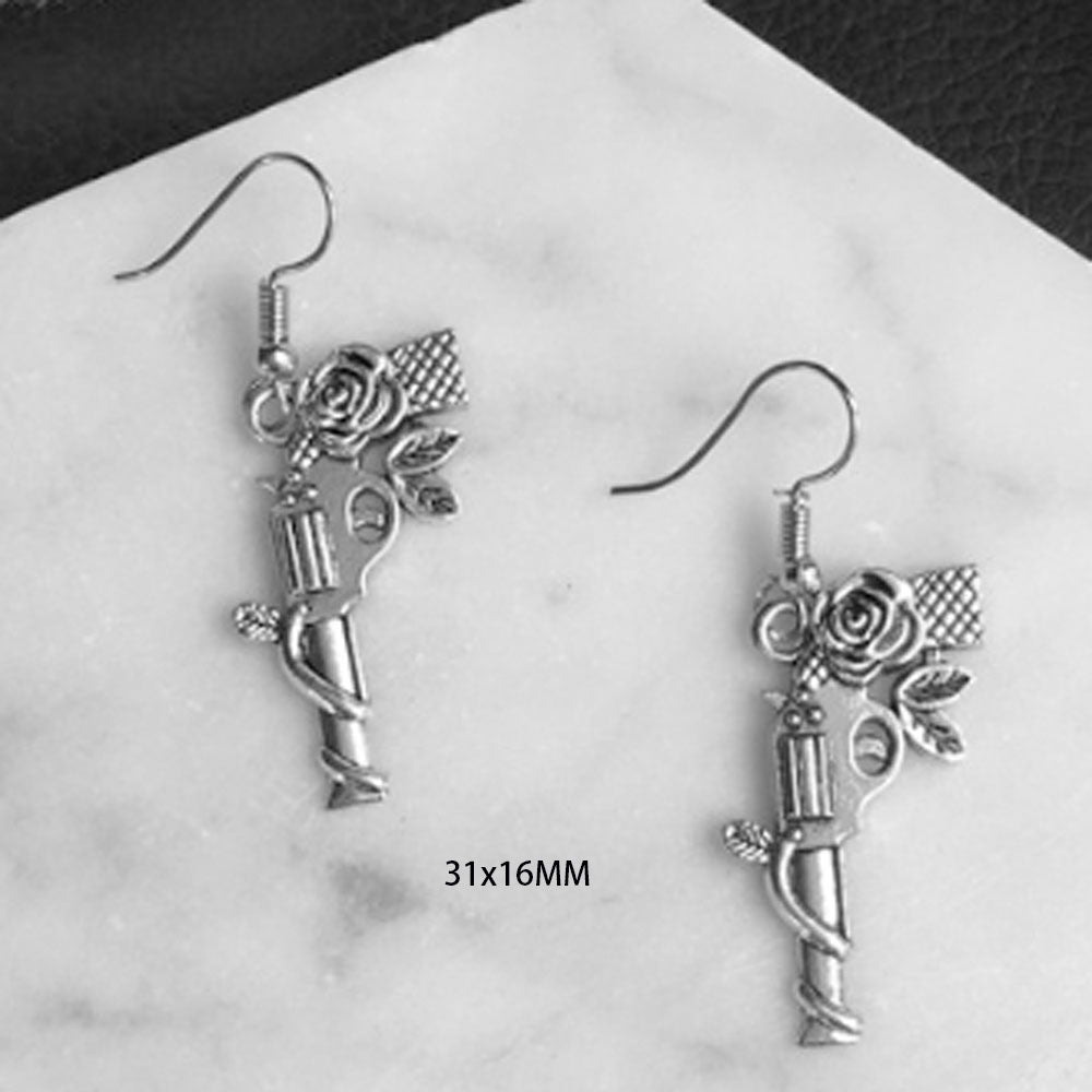 goth alloy ancient silver piercing gun handcuff money toothpaste dangle drop earrings jewelry
