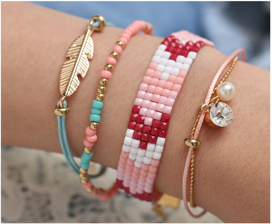 4pcs a set stack bohemian layer bracelet set Pink Color rice Seed Beads Wax Cord Sea Beach Jewelry Adjustable Lengths Handmade