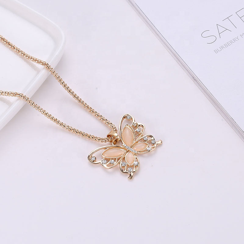 Trendy fashion Alloy women butterfly sweater chain rose gold opal crystal rhinestone butterfly charm jewelry dainty butterfly necklace