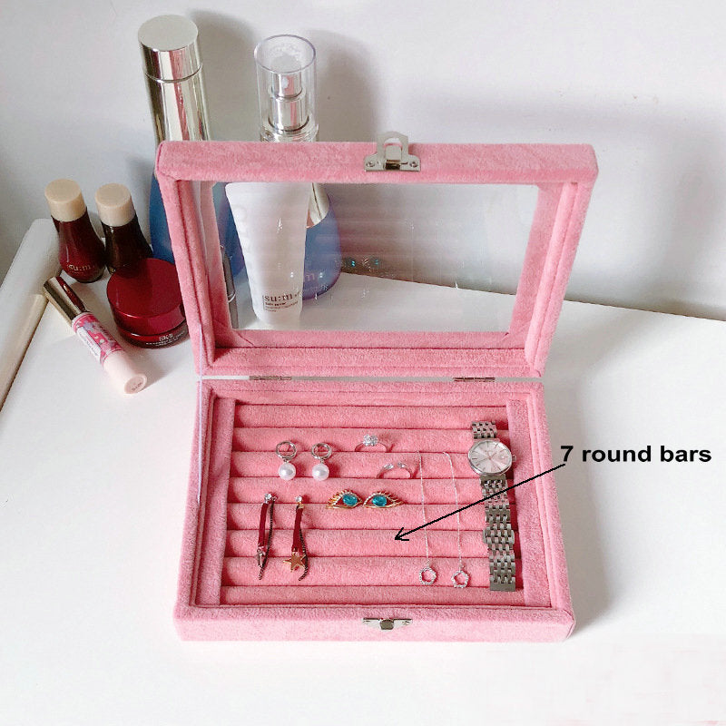 Pink Velvet jewelry tray with lid Luxury Wood Ring Earring Storage Case Display Box Organizer