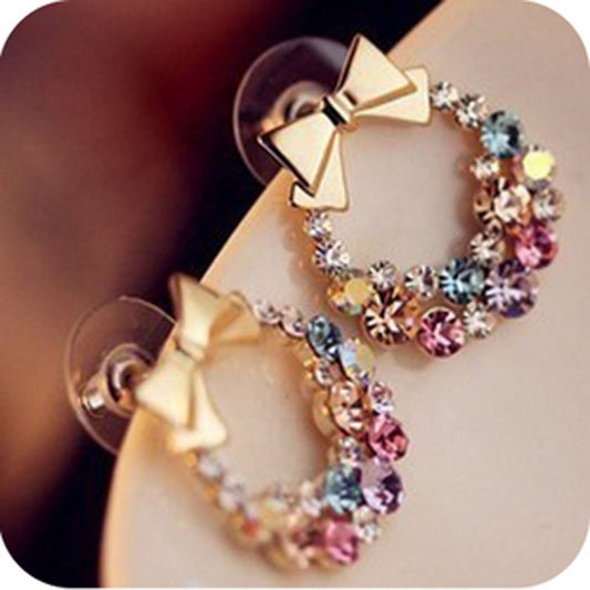 Mini dainty alloy gold plated summer earring jewellery trendy crystal rhinestone butterfly bowknot rainbow earrings for women