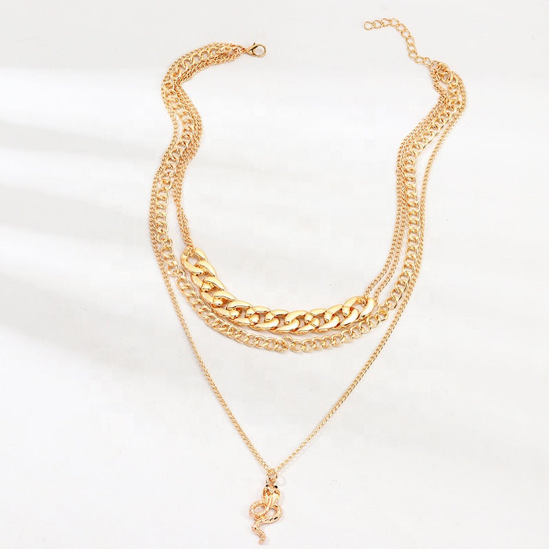 Trendy Chinese Style Alloy Snake Animal Necklace Jewelry Cuban Link Choker Layered Zodiac Snake Necklace